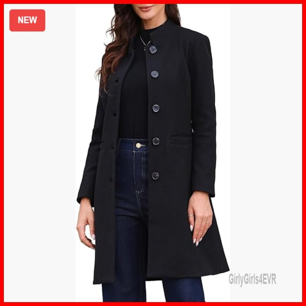 Women's Long Sleeve Pea Coat with Stand Collar and Pockets